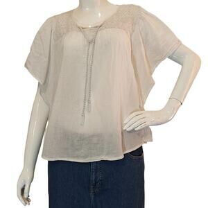 Mudd White Boho Peasant Top Crochet Yoke Tassel Tie